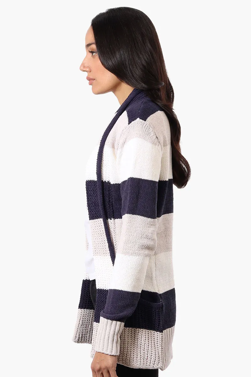 Beechers Brook Striped Fold Over Wrap Cardigan - Navy