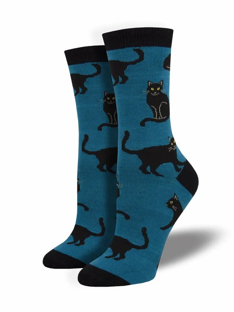 Black Cat Women's Bamboo Crew Sock in Teal