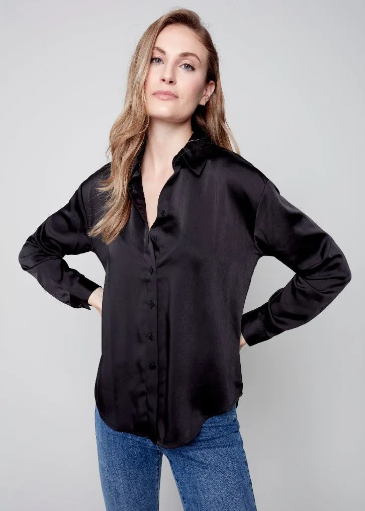 Charlie B - Solid Satin Button Front Shirt With Shirttail Hem - Black