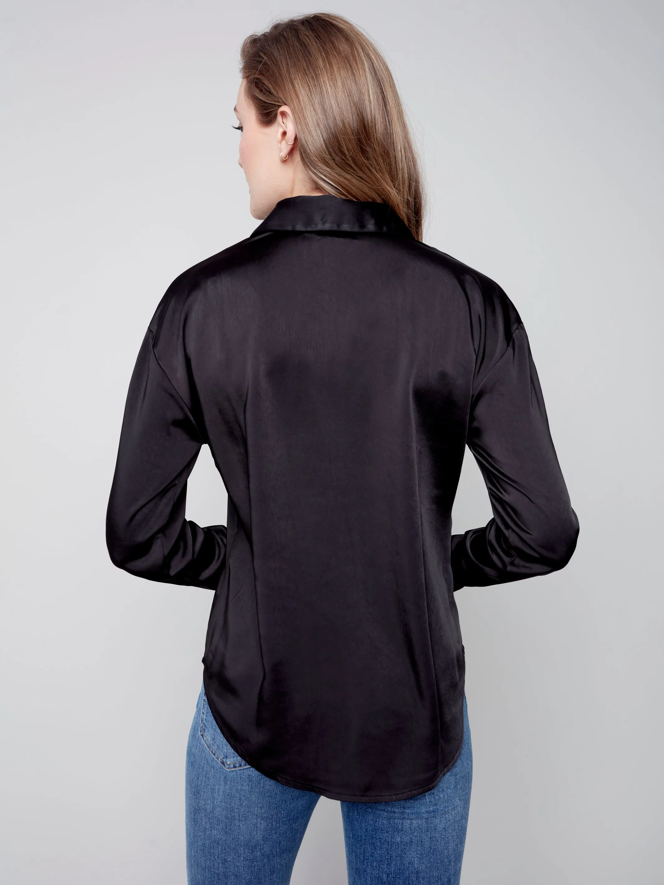 Charlie B - Solid Satin Button Front Shirt With Shirttail Hem - Black