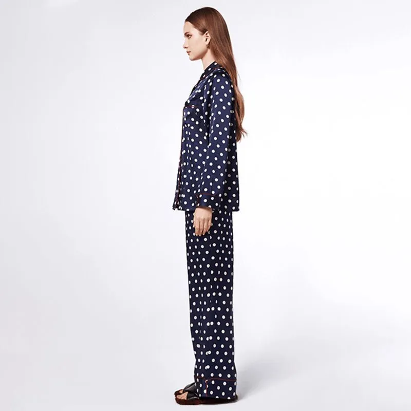 Classic Dot Long Sleeves Mulberry Silk Sleepwear Silk Pajama Set For Women