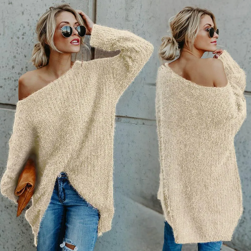 Clearance Candy Color Long Sleeves Loose One Shoulder Long Sweater