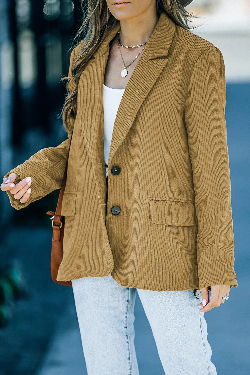 Corduroy Lapel Casual Blazer with Pockets