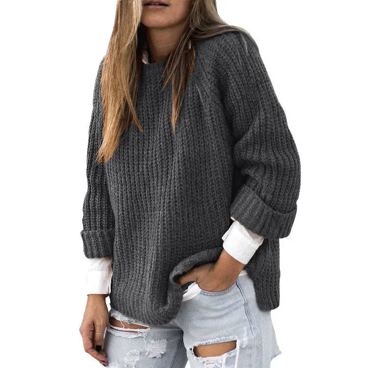 Crew Neck Solid Color Loose Irregular Women Pullover Sweater