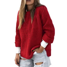 Crew Neck Solid Color Loose Irregular Women Pullover Sweater