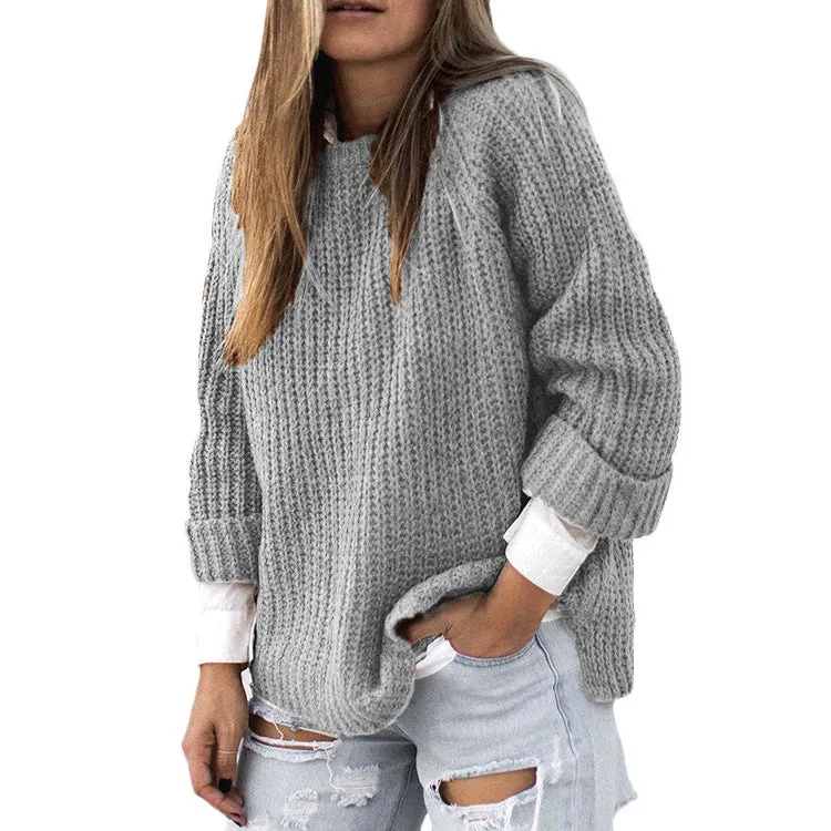 Crew Neck Solid Color Loose Irregular Women Pullover Sweater