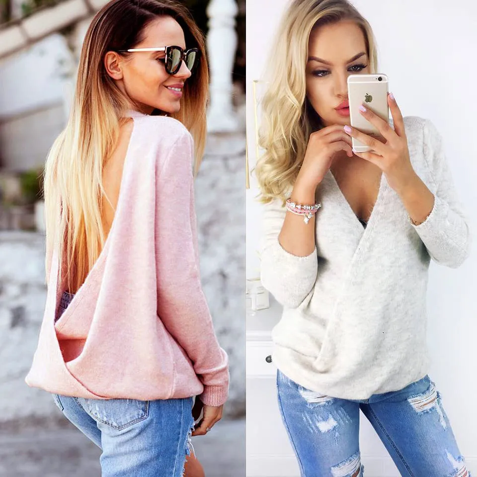 Deep V-neck Backless Loose Scoop Regular Sweater