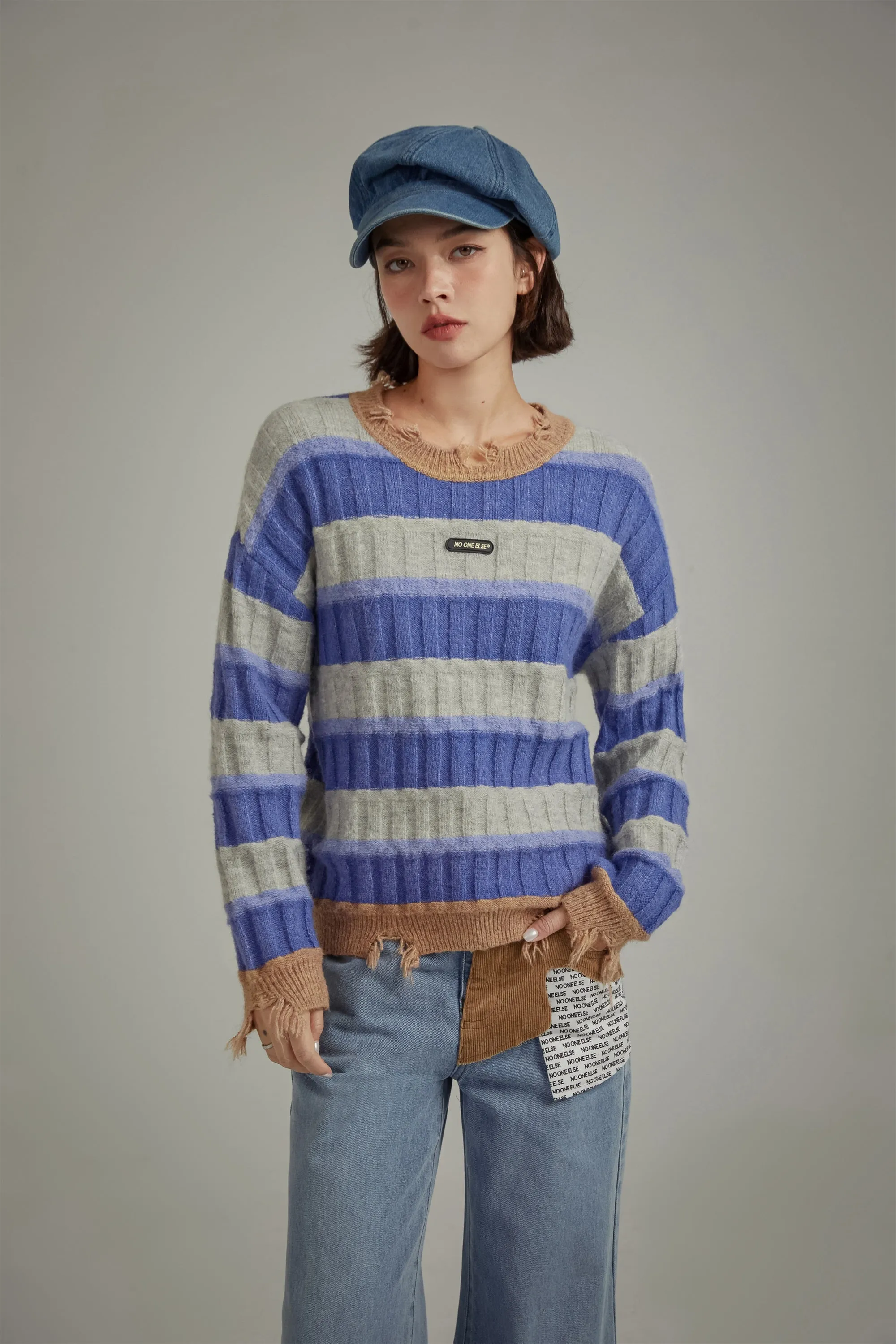 Distressed Striped Loose Knit Sweater