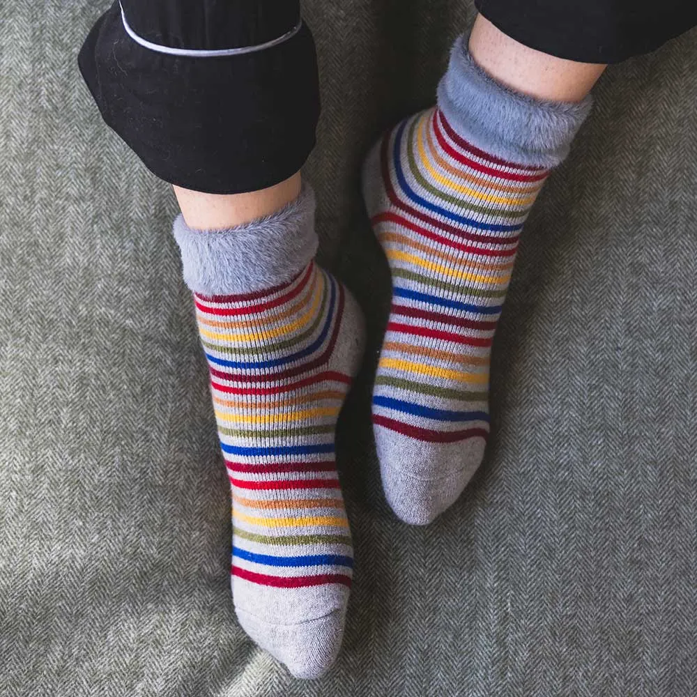 Grey cuff socks with multi coloured stripes and faux fur cuff