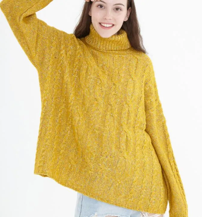 High Collar Long Sleeve  loose Style Women Tops Woolen Knit Sweater