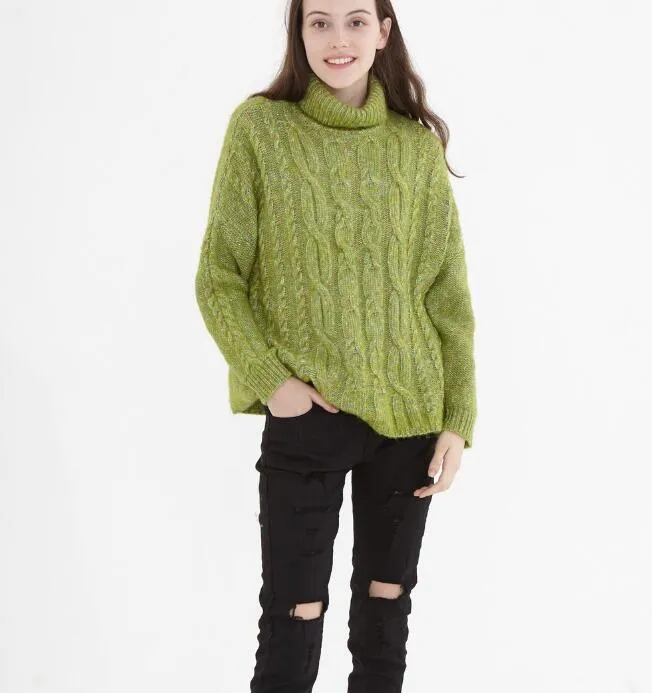 High Collar Long Sleeve  loose Style Women Tops Woolen Knit Sweater