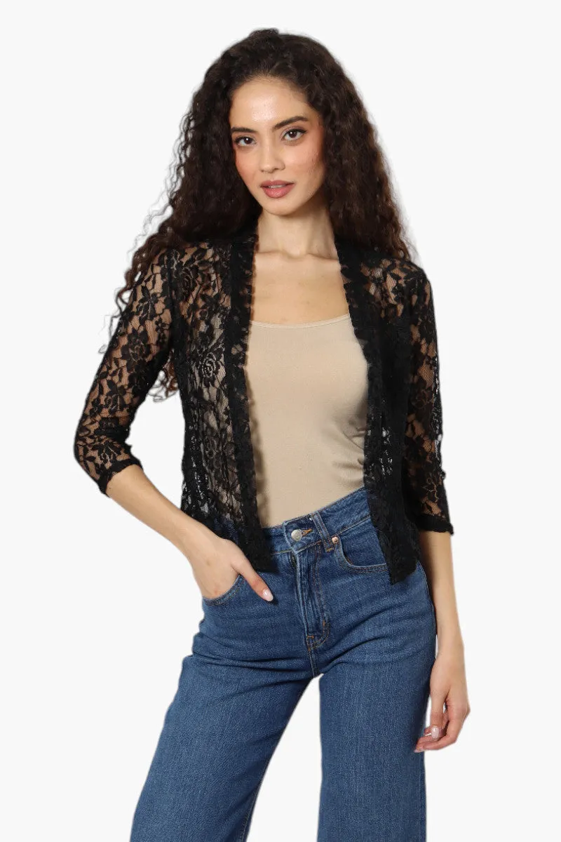 Impress Floral Lace 3/4 Sleeve Wrap Cardigan - Black