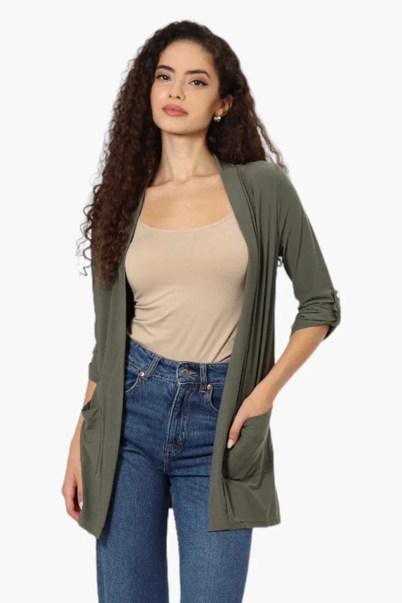 International INC Company Roll Up Sleeve Open Wrap Cardigan - Olive