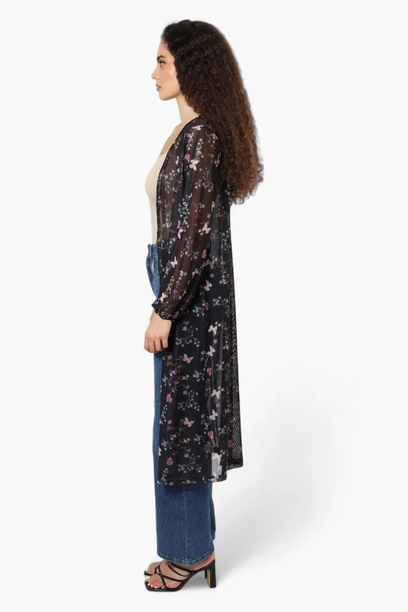 Limite Butteryfly Pattern Sheer Duster Cardigan - Black