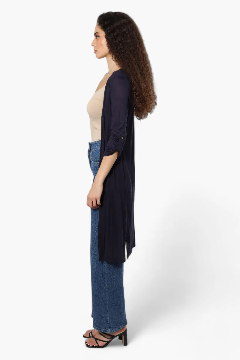 Magazine Roll Up Sleeve Open Duster Cardigan - Navy