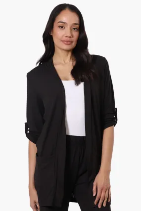 Majora Ribbed Roll Up Sleeve Wrap Cardigan - Black