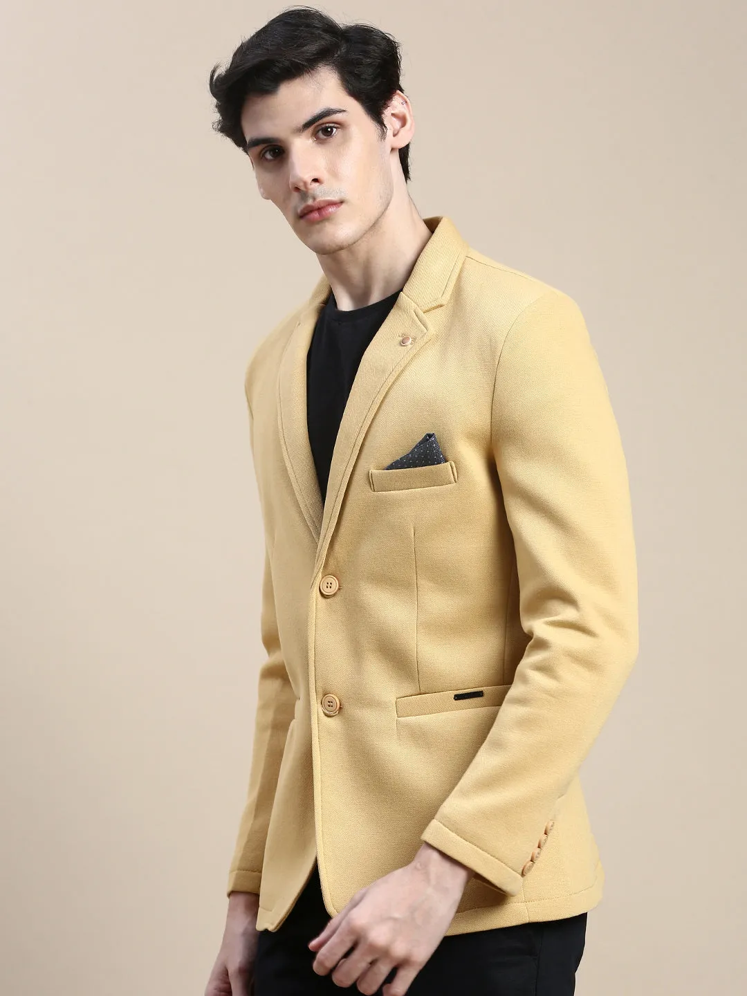 Men Yellow Solid Casual Blazers