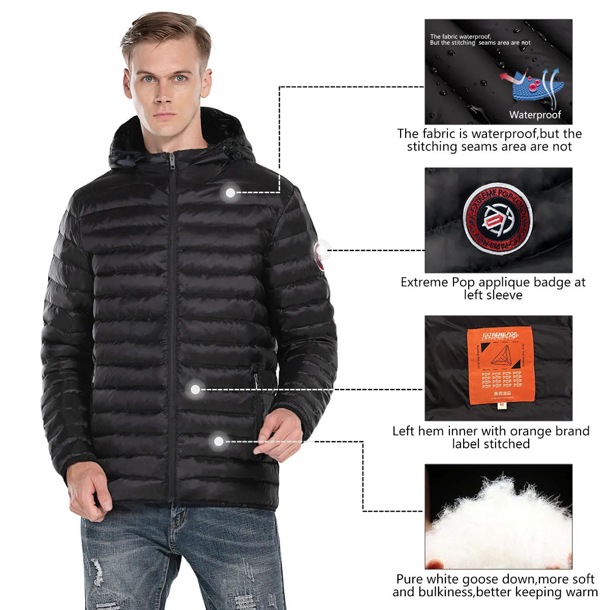 Men's Goose Down Puffy light Jacket - Black size S M L XL