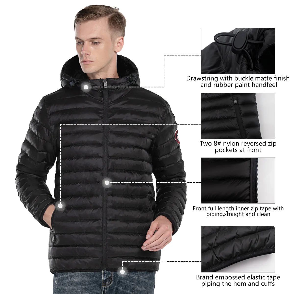 Men's Goose Down Puffy light Jacket - Black size S M L XL