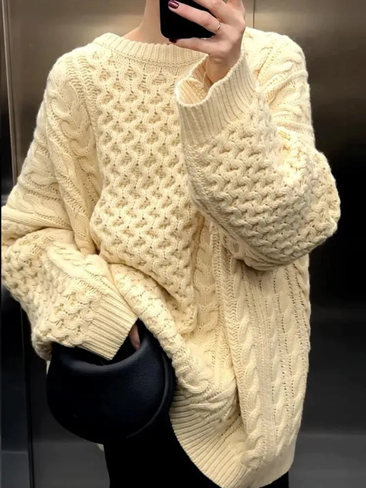 New Elegant Solid Color Round Neck Loose Women's Casual Long Sleeves Knitted Sweater