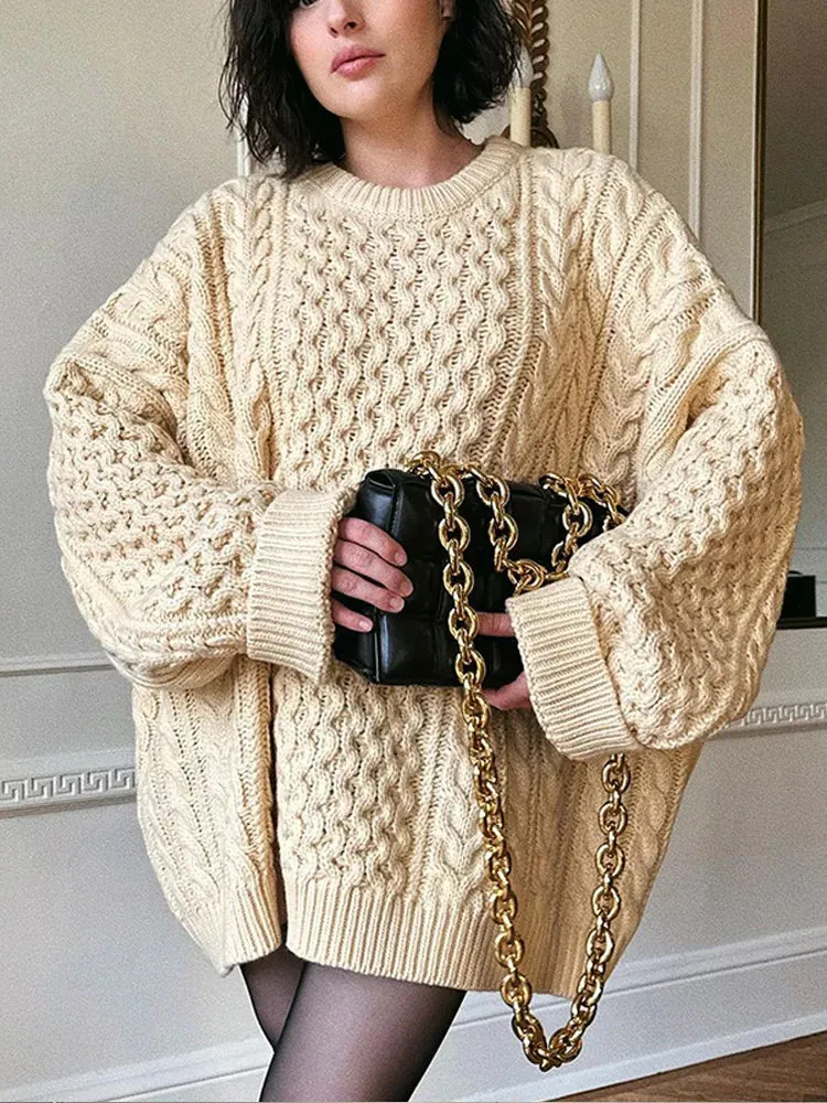 New Elegant Solid Color Round Neck Loose Women's Casual Long Sleeves Knitted Sweater