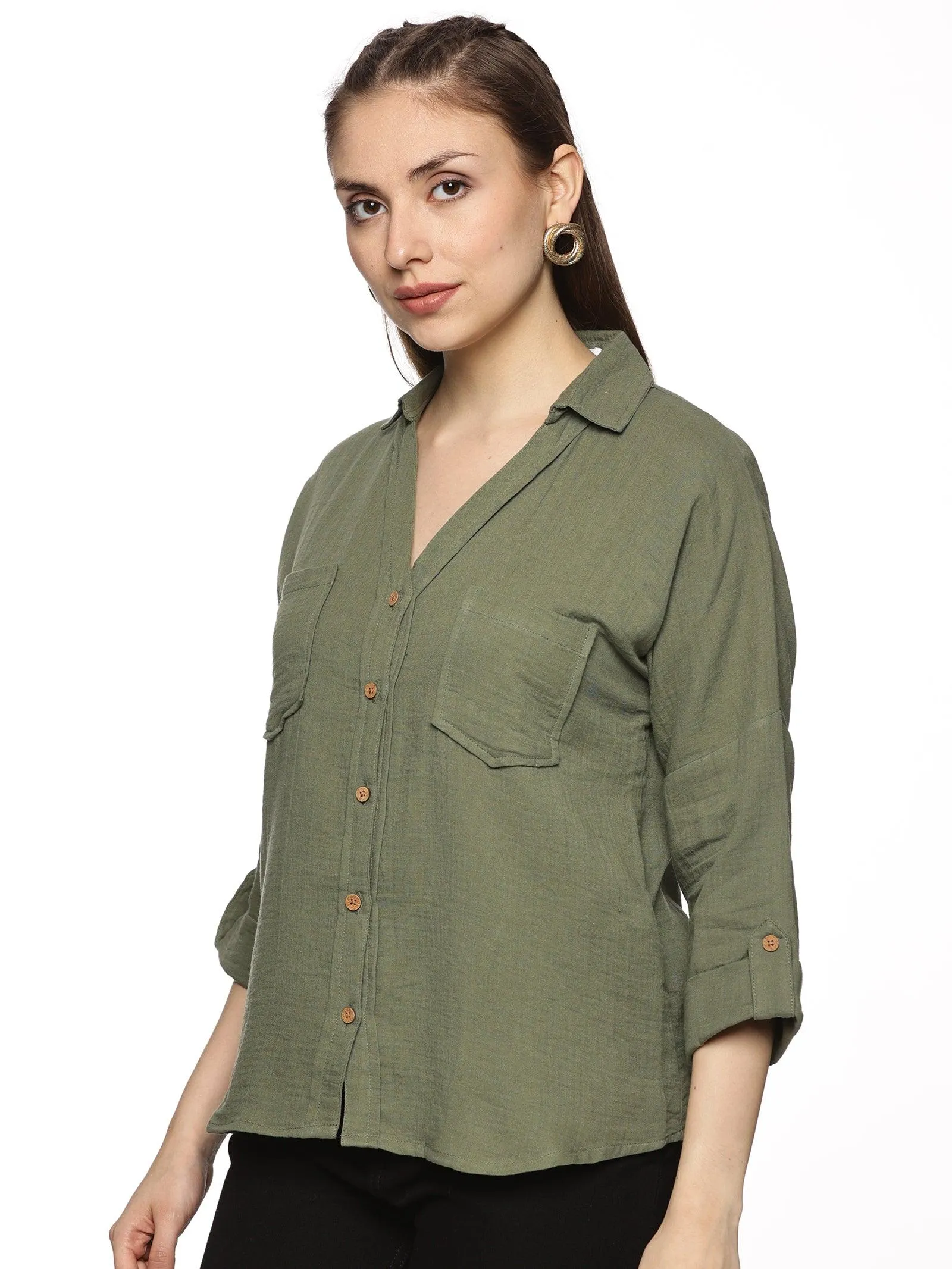 Olive Green Double Layered Trendy Cotton Top