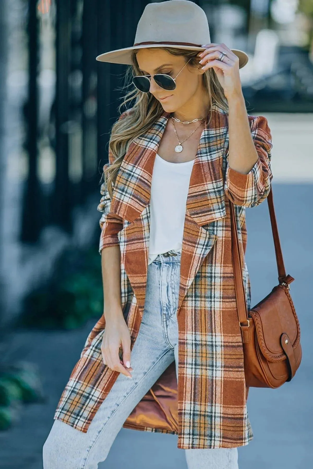 Orange Vintage Plaid Lapel Collar Long Blazer