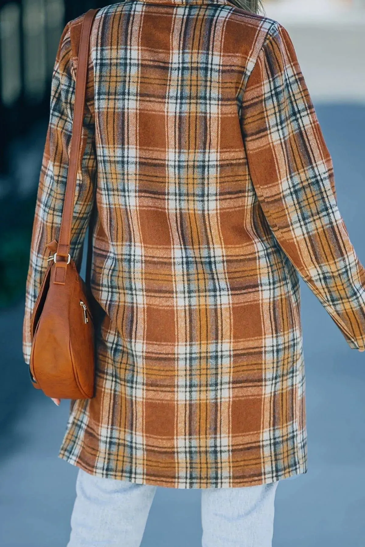 Orange Vintage Plaid Lapel Collar Long Blazer