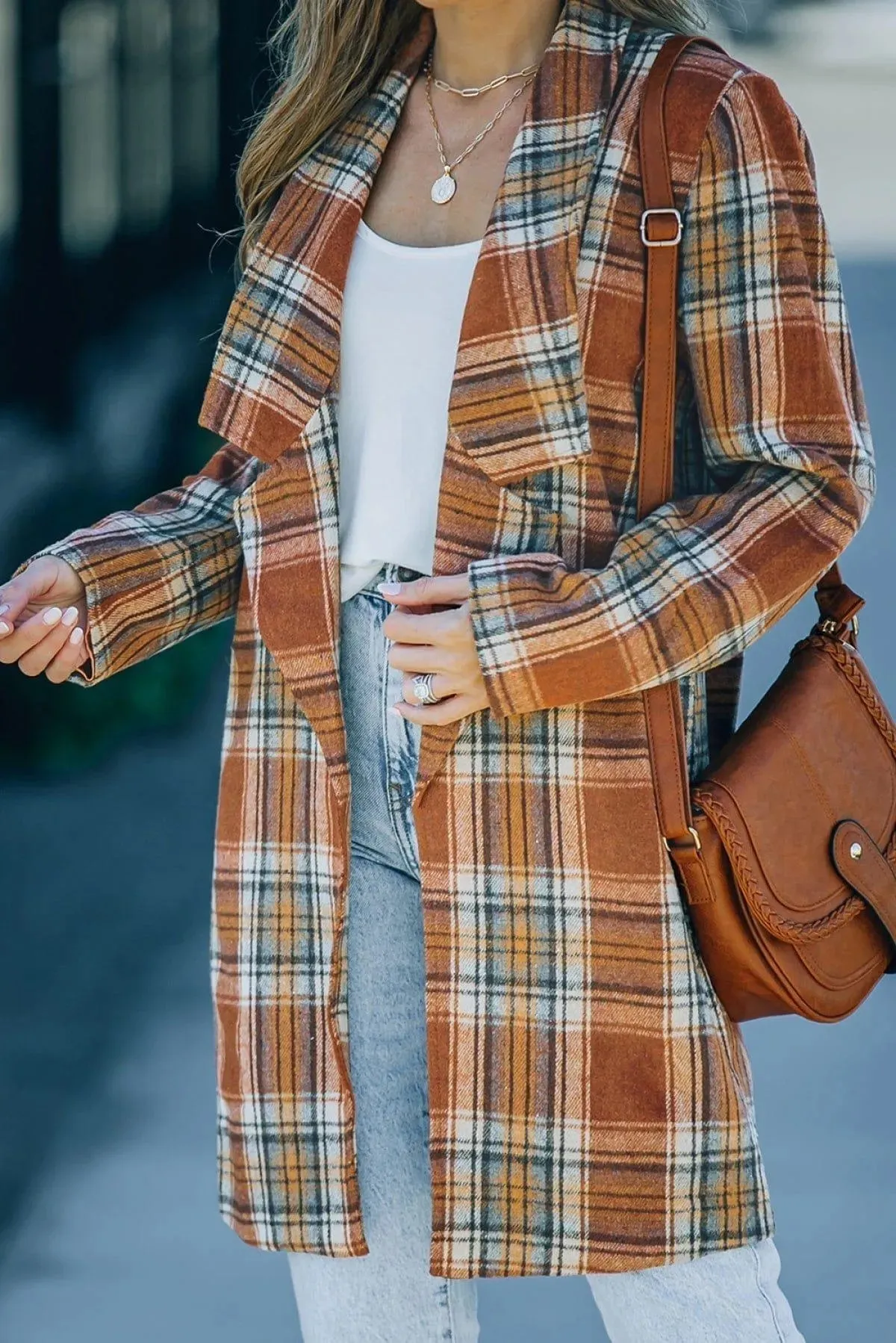 Orange Vintage Plaid Lapel Collar Long Blazer