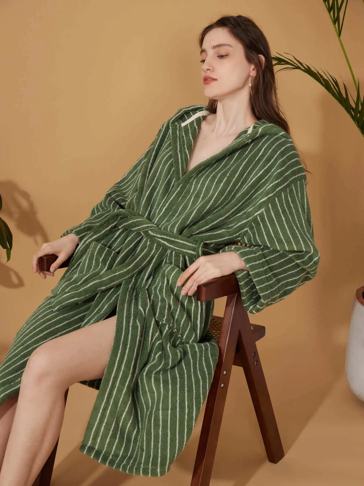 Organic Cotton Striped Bathrobe Green