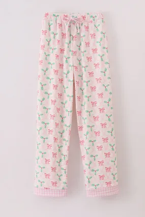 Pink christmas holly print women pajamas pants