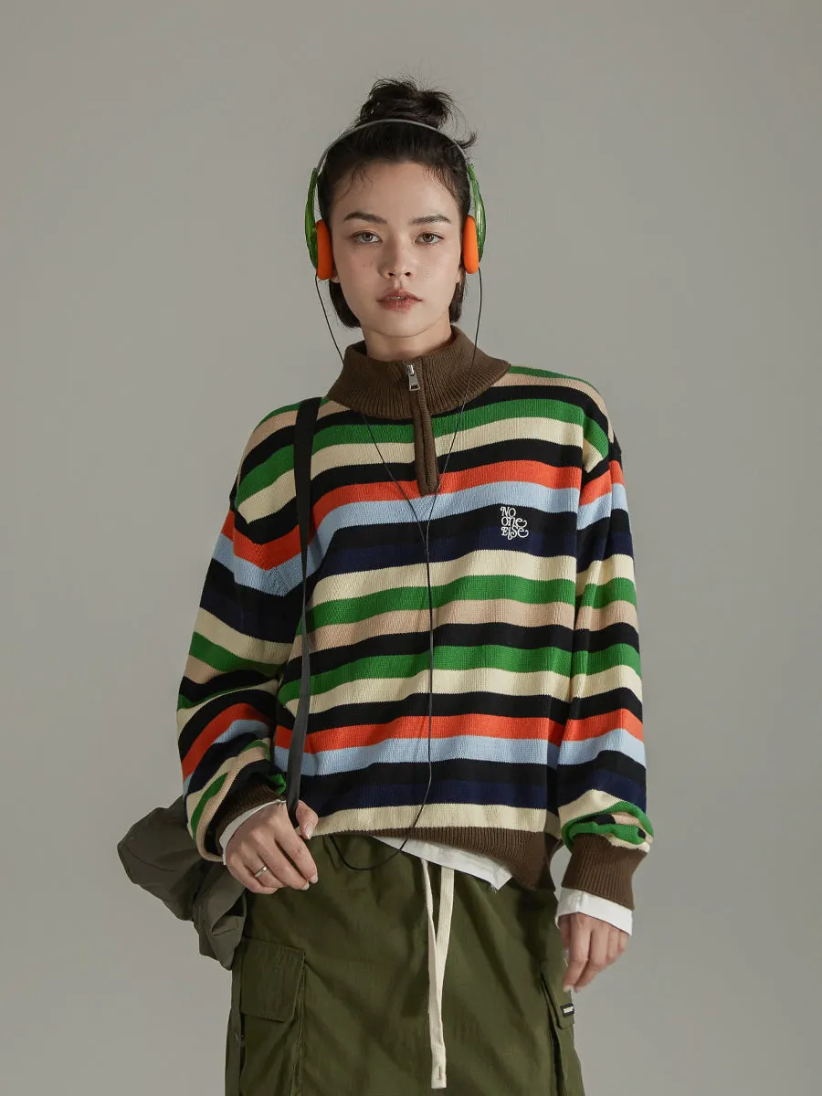 Rainbow Striped Loose Knit Half Zip Sweater