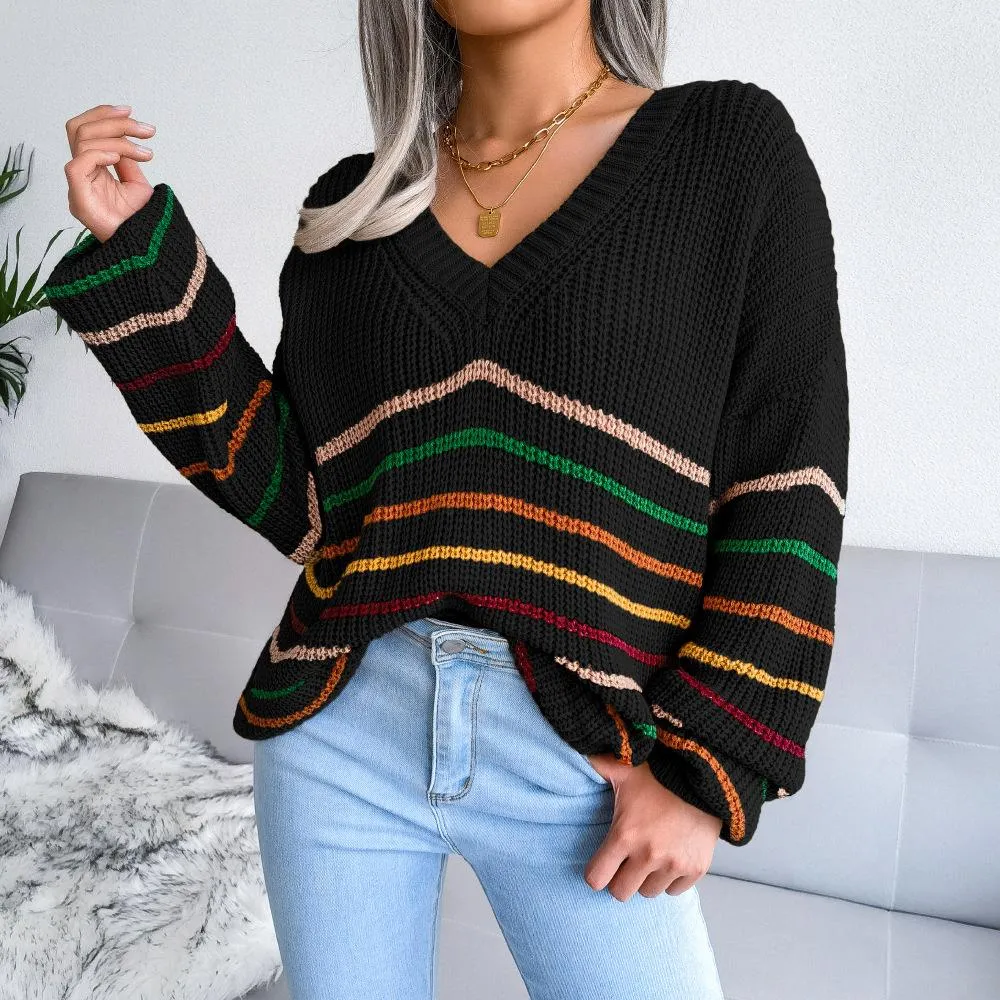 Rainbow stripes casual loose sweater