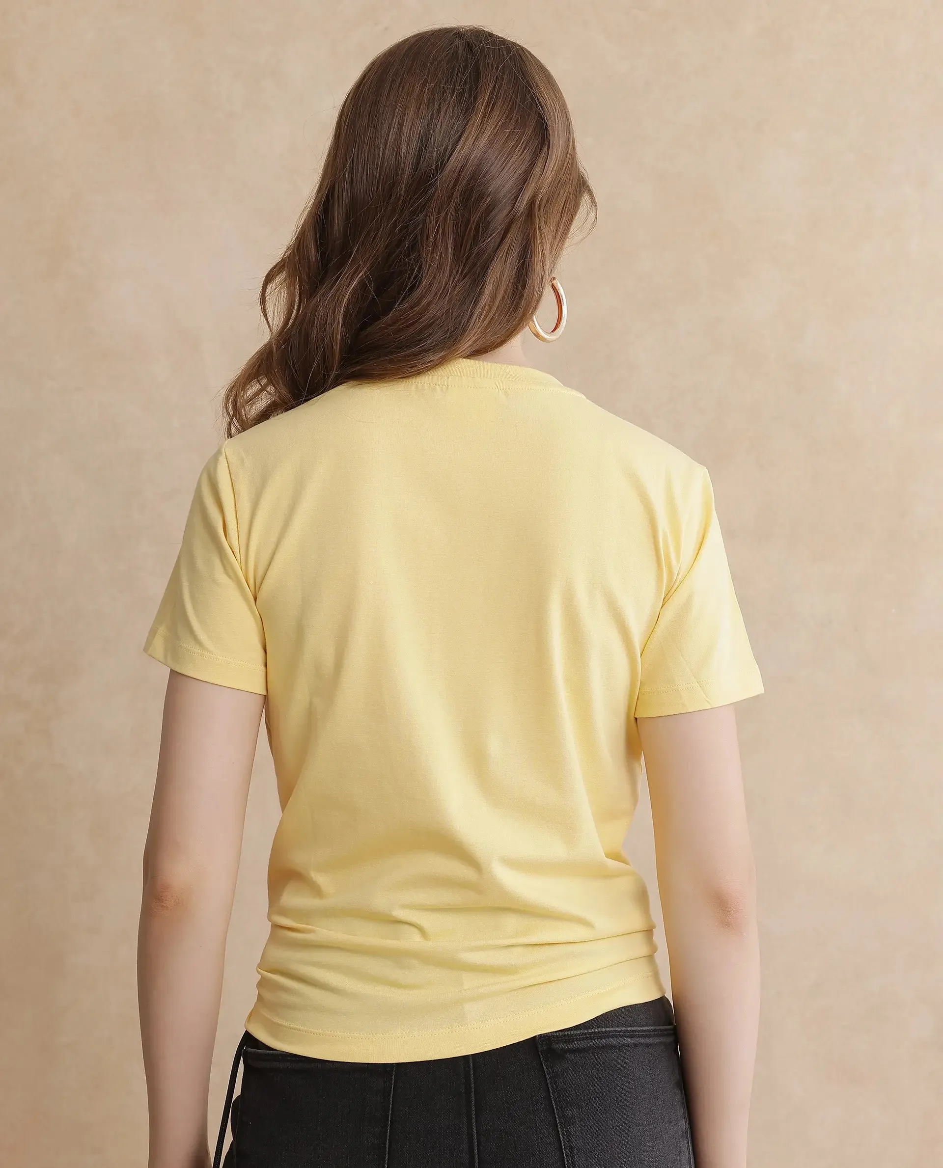 Rareism Women Tigo Light Yellow Cotton Lycra Fabric Short Sleeve Crew Neck Plain T-Shirt