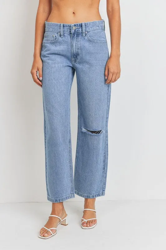 RELAXED MID RISE 1 KNEE STRAIGHT JEANS