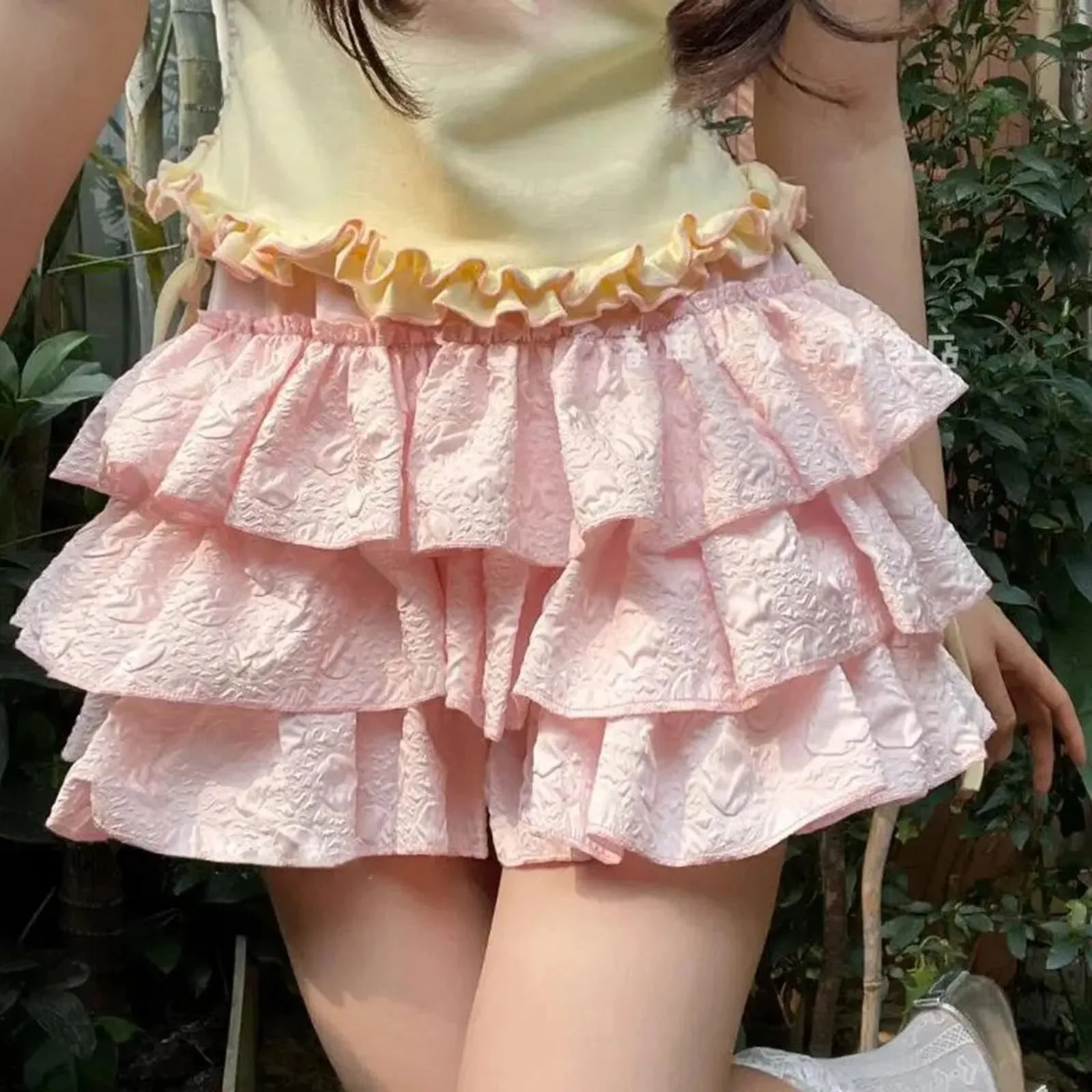 Shorts Pink Ruffle Patchwork Layered High Waist Cute Balletcore Mini Cake Skirt