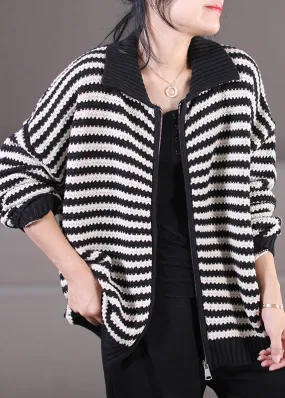 Stylish Black Peter Pan Collar Zippered Striped Knit Sweaters Coats Long Sleeve