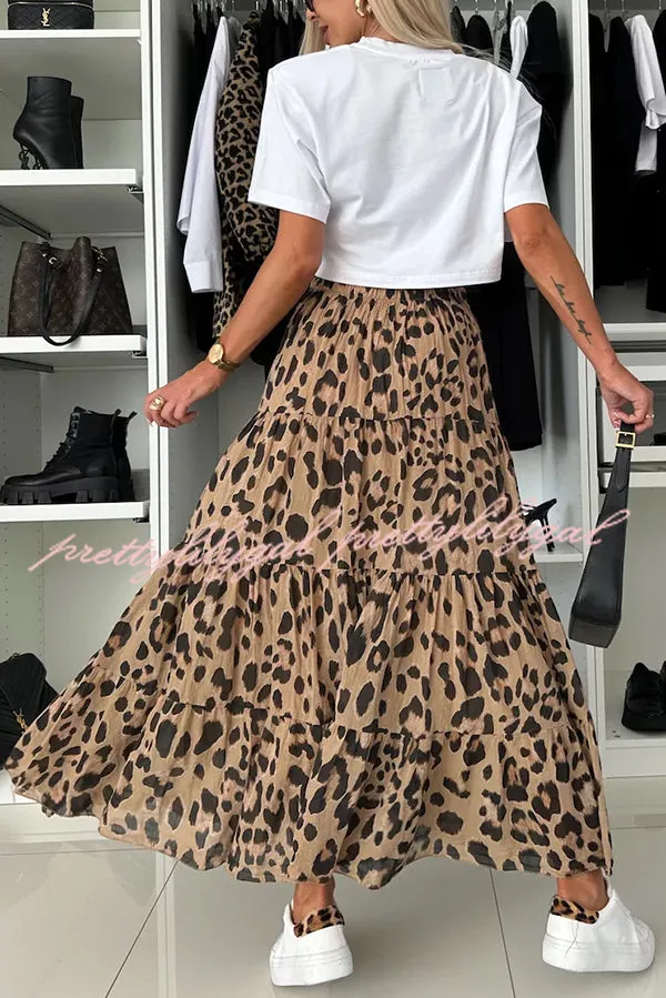 Unique and Comfortable Leopard Print Elastic Waist A-line Layered Maxi Skirt