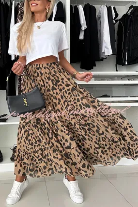 Unique and Comfortable Leopard Print Elastic Waist A-line Layered Maxi Skirt