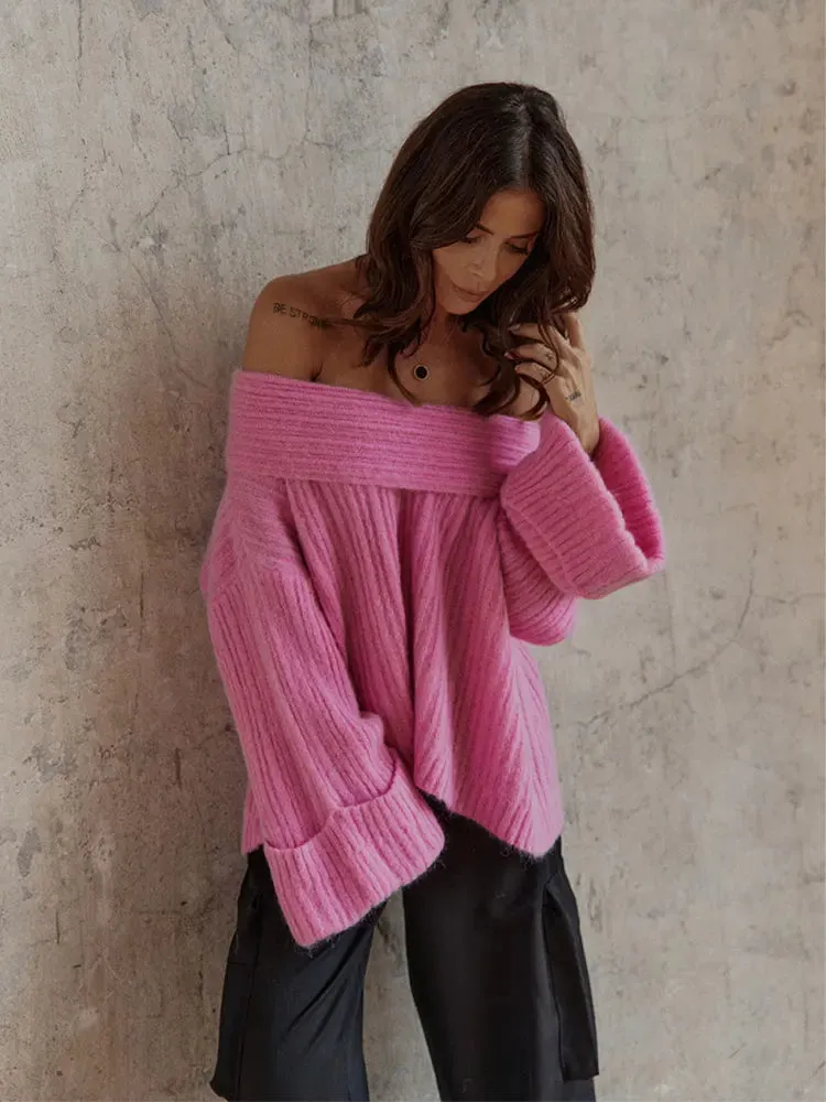 Women Oversize Sexy Slash Neck Loose Off Shoulder Wide Sleeves Knitted Sweater