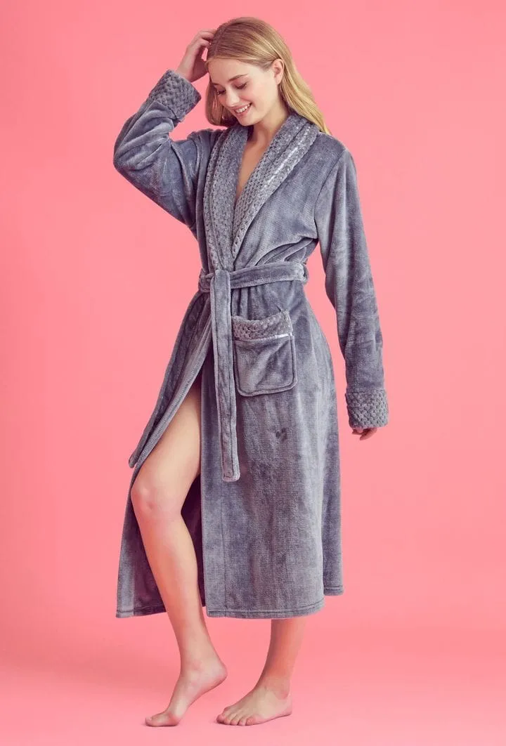 Women Plush Shawl Collar Robe, Luxury & Comfort, Lightweight & Soft, (Grey)