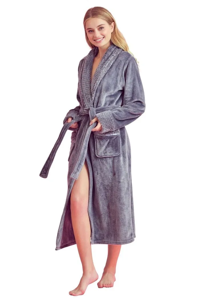 Women Plush Shawl Collar Robe, Luxury & Comfort, Lightweight & Soft, (Grey)