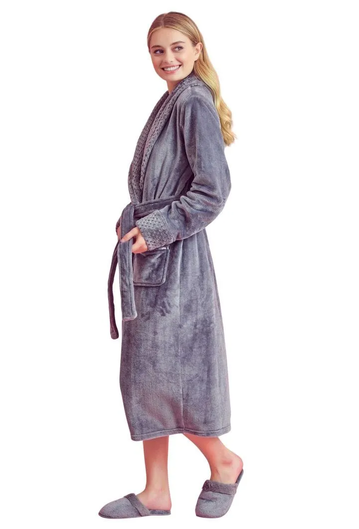 Women Plush Shawl Collar Robe, Luxury & Comfort, Lightweight & Soft, (Grey)