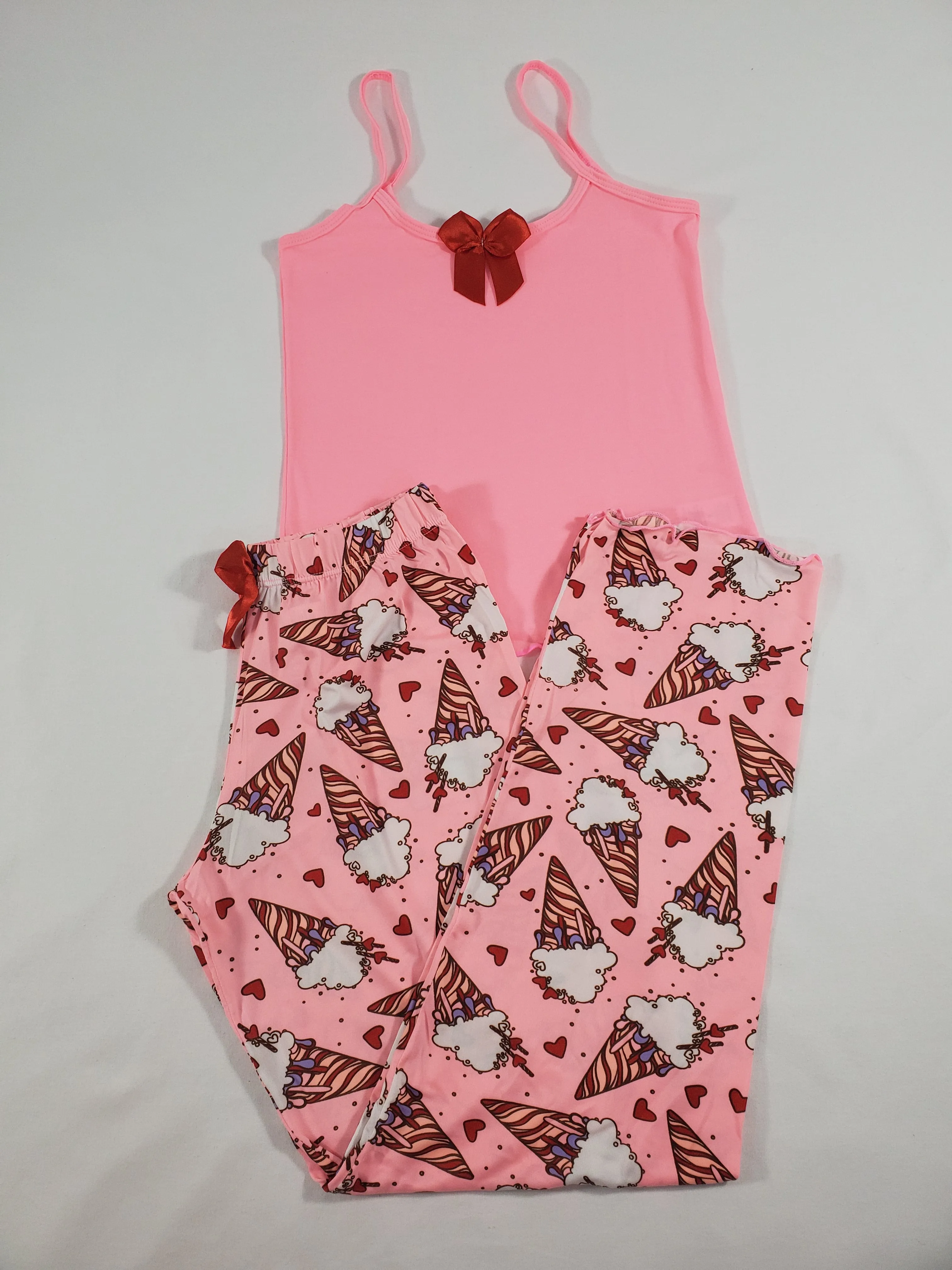 Women's Classic pajama set pink pants ice cream cones & hearts theme pink blouse