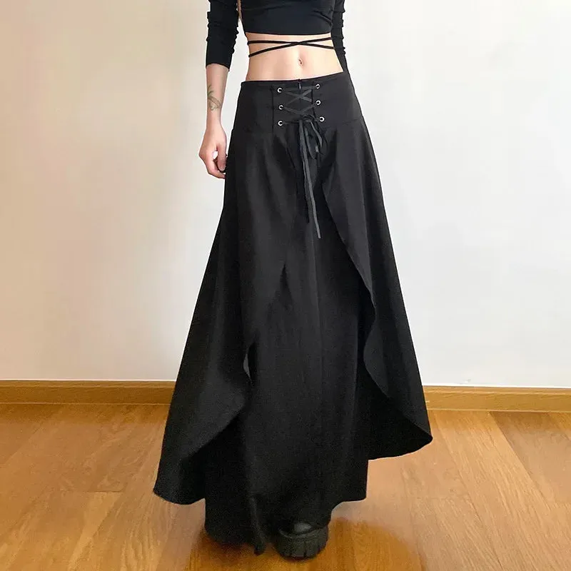 Women's Maxi Solid Layered A Vintage Cake High Elegant Y2K Ruffle Line Wedding Guest Waist Party Black Skirt