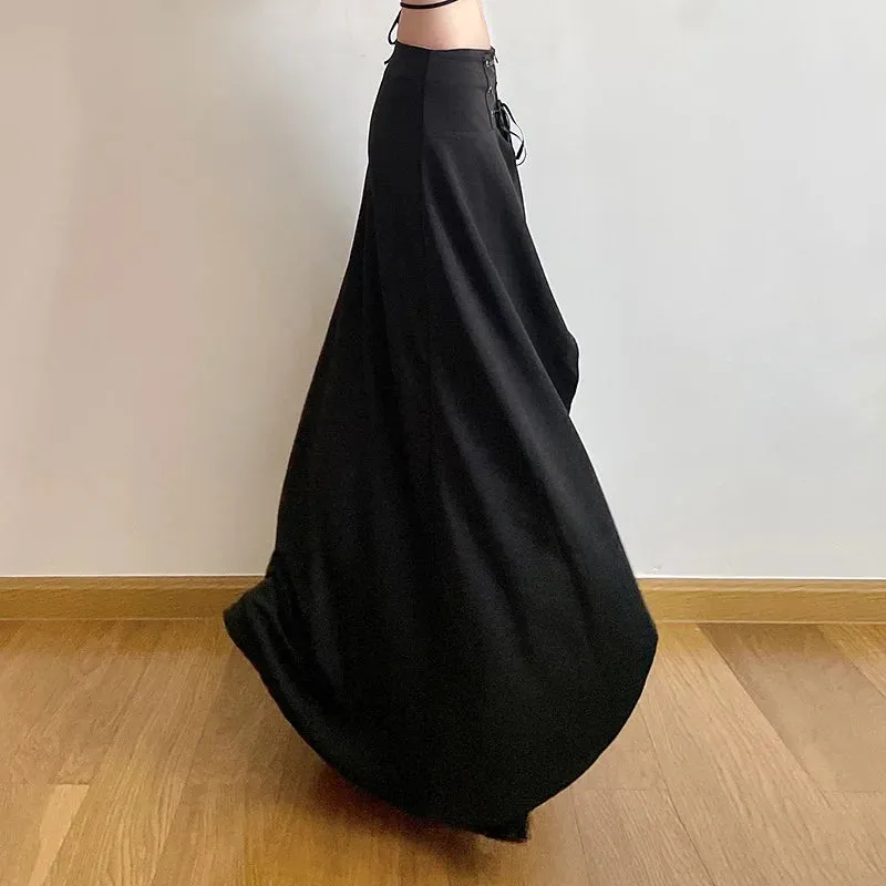 Women's Maxi Solid Layered A Vintage Cake High Elegant Y2K Ruffle Line Wedding Guest Waist Party Black Skirt