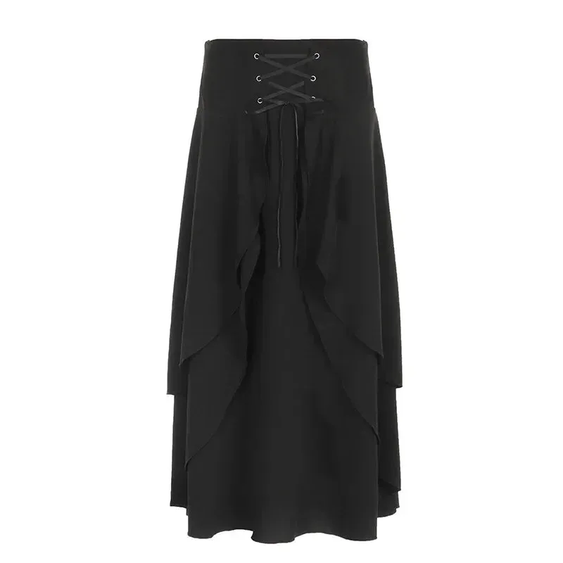 Women's Maxi Solid Layered A Vintage Cake High Elegant Y2K Ruffle Line Wedding Guest Waist Party Black Skirt