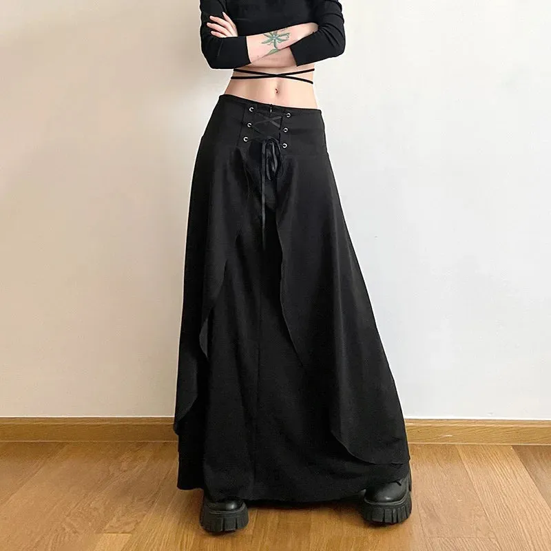 Women's Maxi Solid Layered A Vintage Cake High Elegant Y2K Ruffle Line Wedding Guest Waist Party Black Skirt