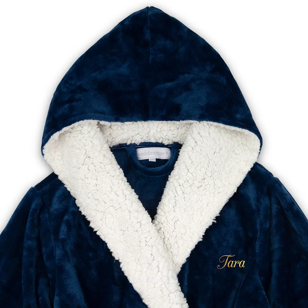 WOMEN'S PERSONALIZED EMBROIDERED FLUFFY PLUSH ROBE WITH HOOD - NAVY BLUE