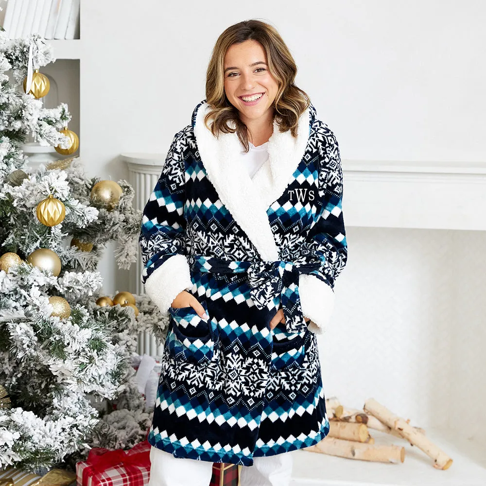 WOMEN'S PERSONALIZED EMBROIDERED FLUFFY PLUSH ROBE WITH HOOD - NORDIC SNOWFLAKE